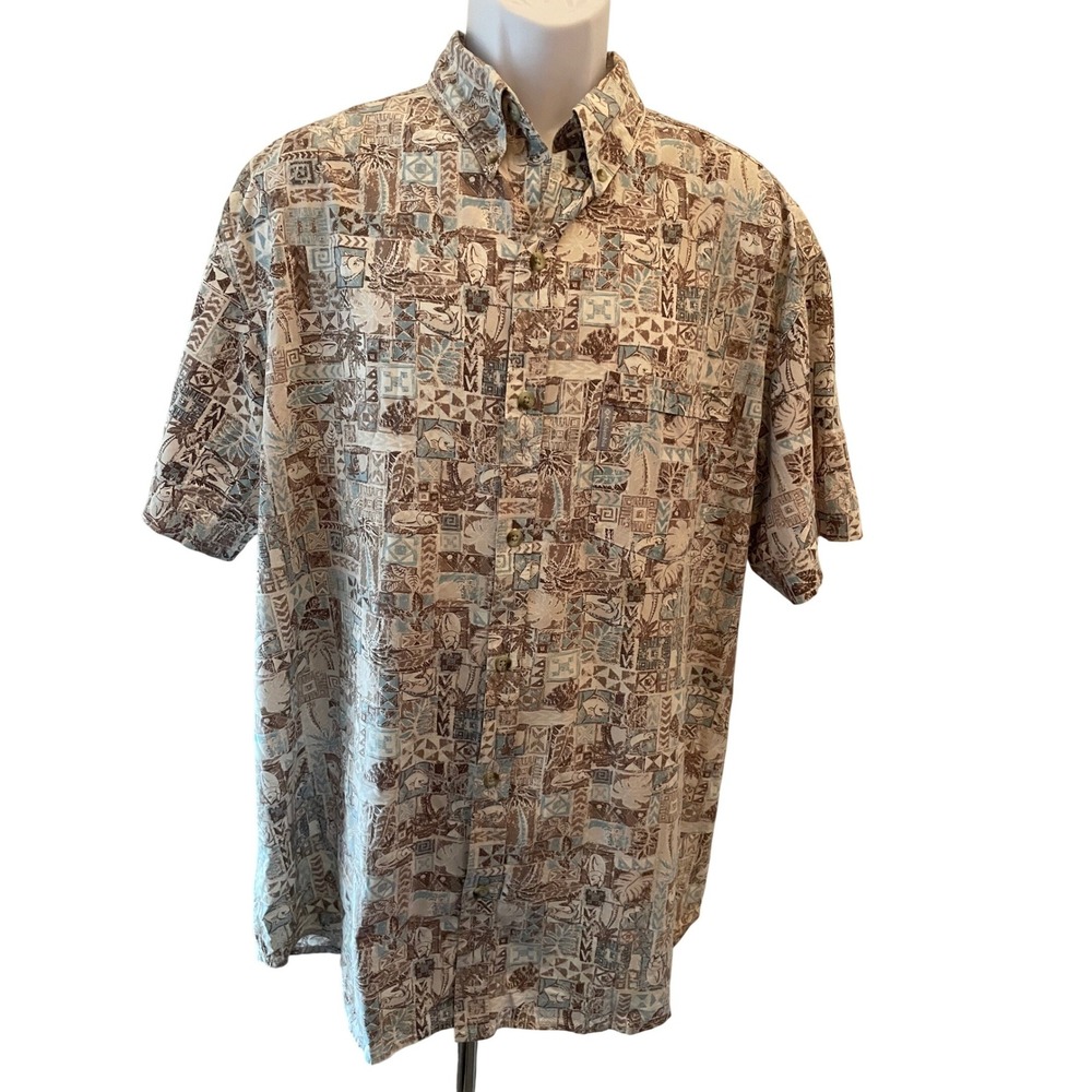 Columbia Mens XL Short Sleeve‎ Button Down Shirt Tropical Fishing Graphic Print